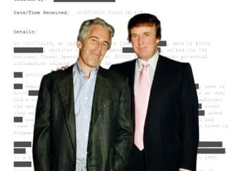 Donald Trump and Jeffrey Epstein in front of a redacted document