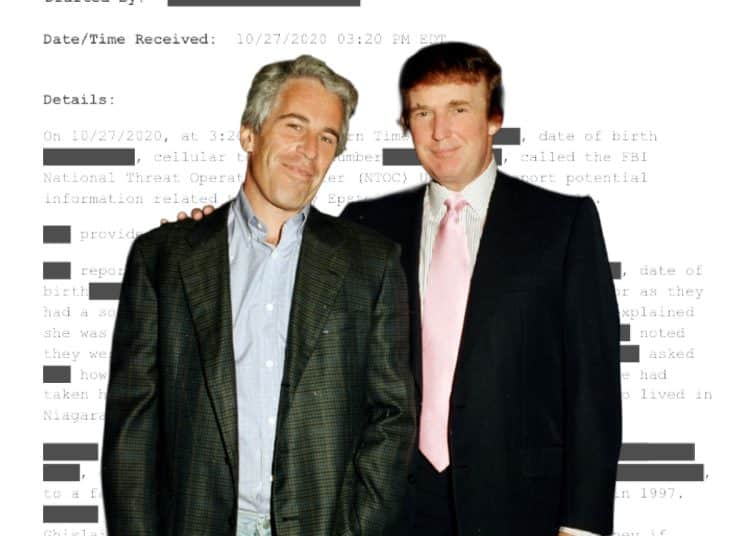Donald Trump and Jeffrey Epstein in front of a redacted document
