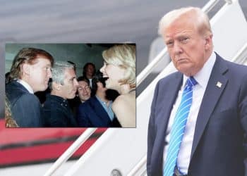 Donald Trump coming off a plane and an image of Trump with Epstein