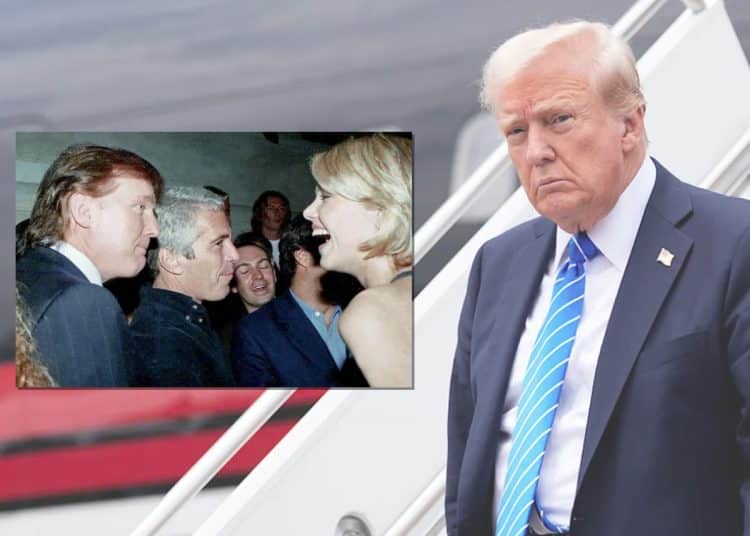 Donald Trump coming off a plane and an image of Trump with Epstein