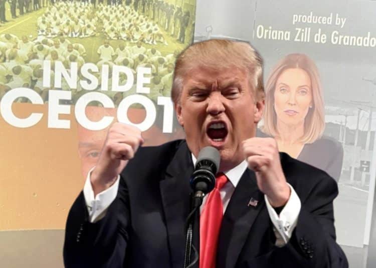 Donald Trump in front of the Inside Cecot image