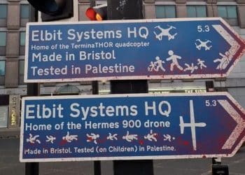 Spoof road signs pointing to Elbit Systems HQ, saying Made in Bristol Tested in Palestine