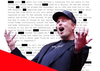 Elon Musk in front of a redacted file