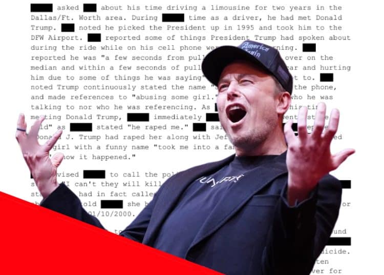 Elon Musk in front of a redacted file