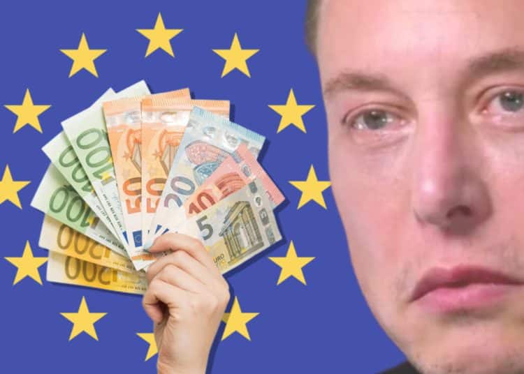 Elon Musk, the EU flag, and a hand holding up a load of Euro bank notes