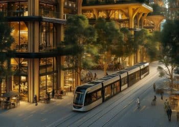 Artist's impression of proposed charter city Forest City, showing a light railway on a street