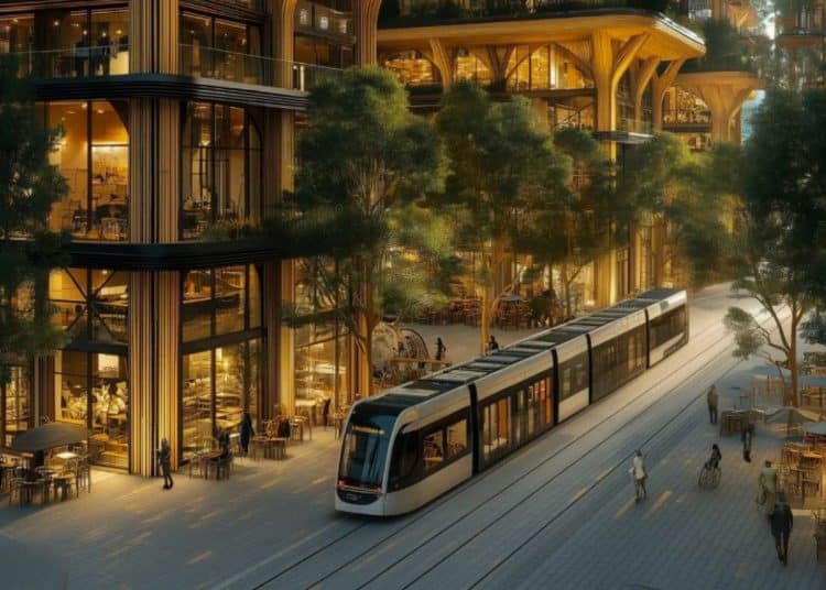 Artist's impression of proposed charter city Forest City, showing a light railway on a street
