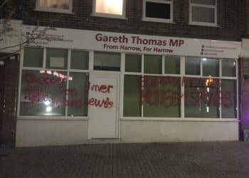 Painted messages of support for hunger strikers on office of Harrow MP Gareth Thomas
