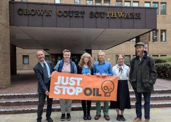 Six Just Stop Oil supporters outside Southwark Crown Court