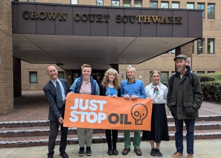 Six Just Stop Oil supporters outside Southwark Crown Court