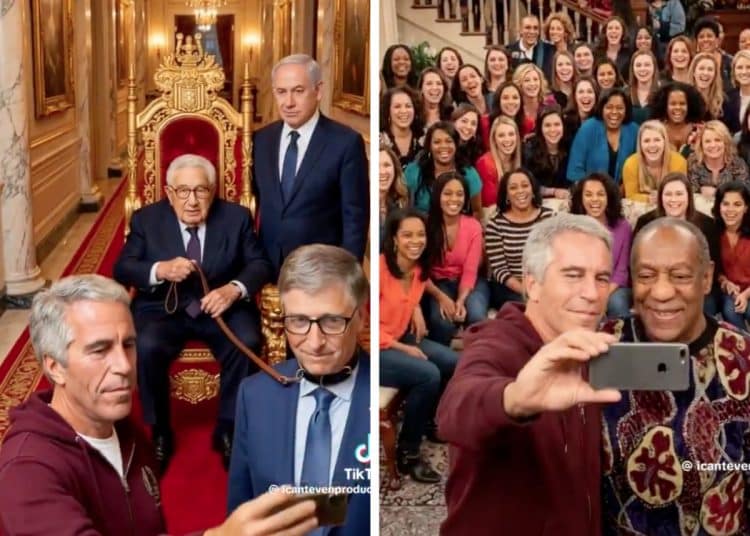 Jeffrey Epstein posing with Bill Cosby, Benjamin Netanyahu, Bill Gates, and Henry Kissinger
