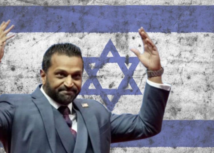 Kash Patel in front of an Israel flag