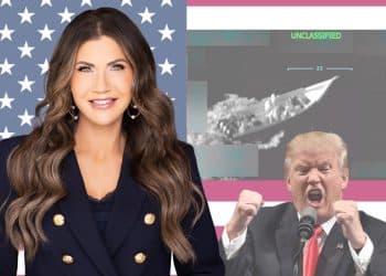 Kirsti Noem, Donald Trump, the US flag, and an image of a drone striked speedboat