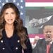 Kirsti Noem, Donald Trump, the US flag, and an image of a drone striked speedboat