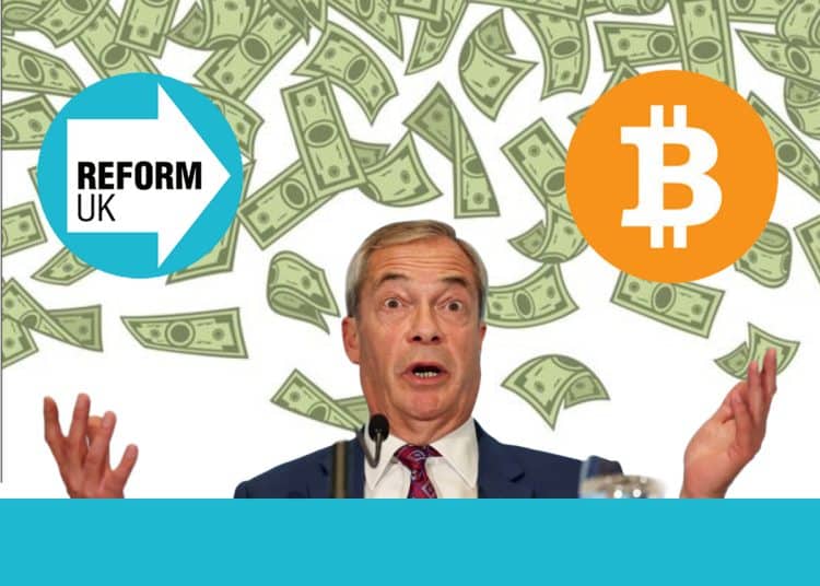 Nigel Farage, the Reform UK logo, and the Bitcoin logo