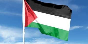 Stock image of a Palestine flag on flagpole against blue sky. The DUP ignited the flames and then claimed to have helped extinguish them.