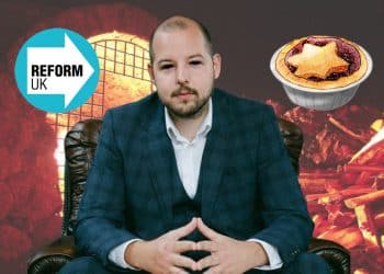 Reform Councillor George Madgwick in hell with the Reform UK logo and a floating mince pie