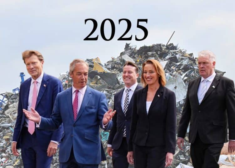 Reform MPs in front of a garbage pile