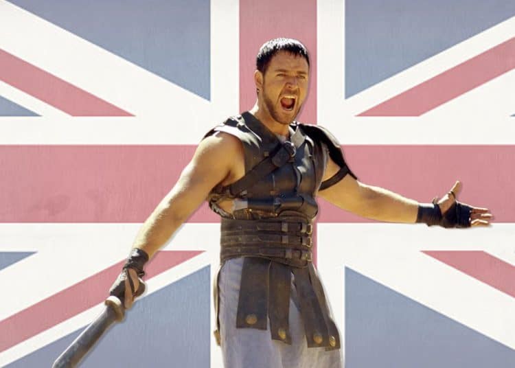 Russel Crowe the Gladiator in front of a Union Jack