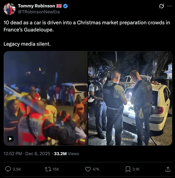 Tommy Robinson tweet claiming 10 people died after a car was driven into a Christmas market