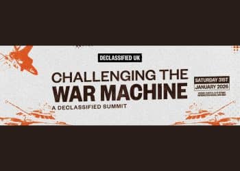 Banner advert saying Declassified UK Challenging The War Machine A Declassified Summit