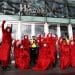 Extinction Rebellion's Red Rebels in front of Westfield shopping centre