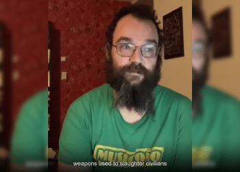 Header of Netherlands anti-genocide protester Olax.
