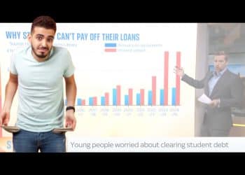A graph showing student debt rising and a young man turning his pockets inside out