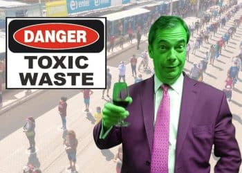 A green Nigel Farage and a Toxic waste sign