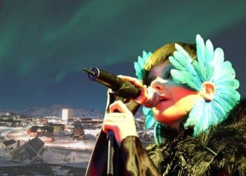 Bjork super imposed over Greenland