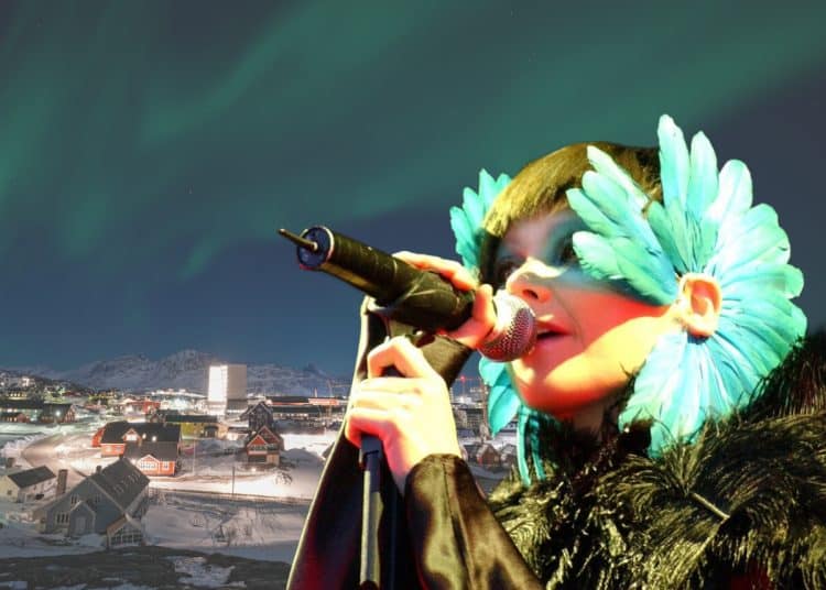 Bjork super imposed over Greenland