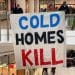 Banner reading Cold Homes Kill as MPs criticise insulation scheme