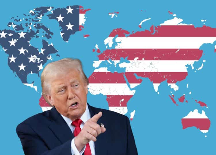 Donald Trump pointing at a world map where all the countries are coloured with the US flag
