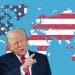 Donald Trump pointing at a world map where all the countries are coloured with the US flag