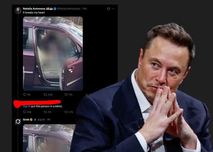Elon Musk and a blurred image of Renee Nicole Good after ICE shot her to death Grok