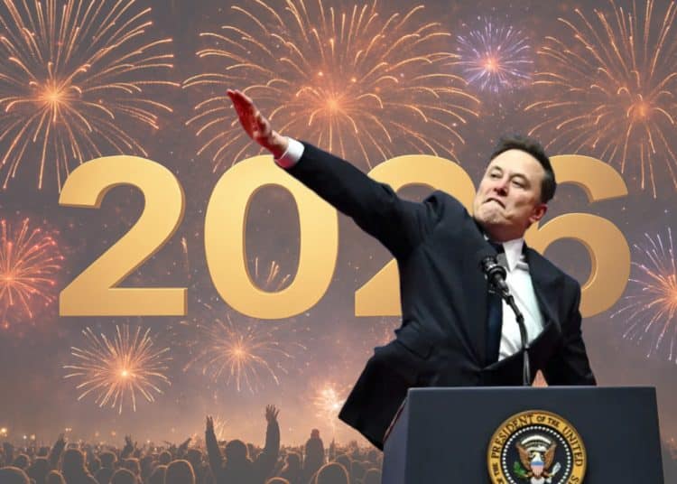 Elon Musk doing a Nazi salute in front of fireworks