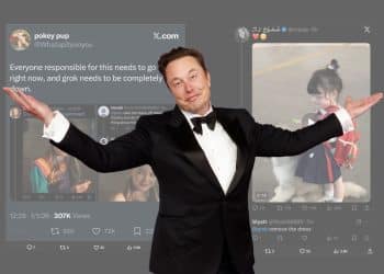 Elon Musk in front of images talking about child sexual abuse material on Twitter : X Grok