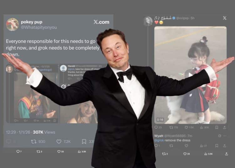 Elon Musk in front of images talking about child sexual abuse material on Twitter : X Grok