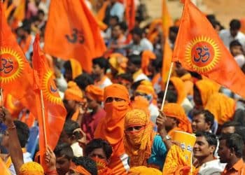 Supporters of Hindutva carrying saffron flags, Hindu nationalism
