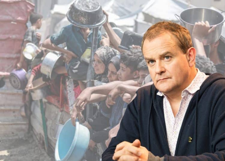 Hugh Bonneville superimposed over an image of people seeking aid