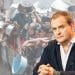 Hugh Bonneville superimposed over an image of people seeking aid