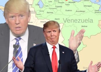 Images of Donald Trump and a map of Venezuela
