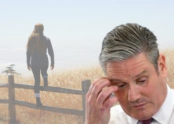Keir Starmer with his head in hands and a woman walking away, Labour