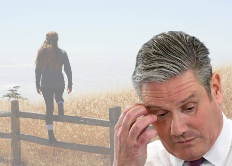 Keir Starmer with his head in hands and a woman walking away, Labour