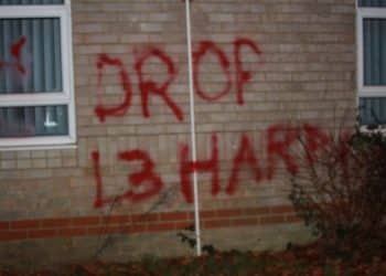 Red graffiti saying Drop L3Harris on the wall of Smiths Metal, believed to have links to the arms manufacturer L3Harris