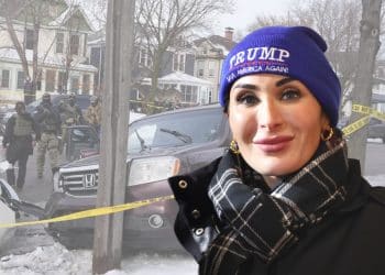Laura Loomer in front of a crashed SUV ICE