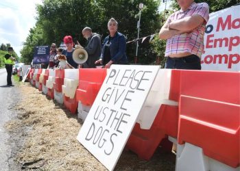 A protest at a beagle breeding facility. A placard says Please Give Us The Dogs