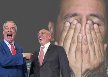 Nigel Farage, Nadim Zahawi, and a man with his head in his hands