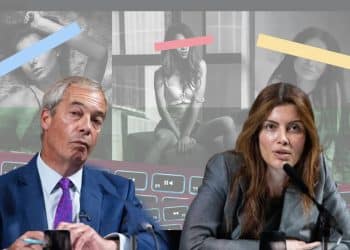 Nigel Farage and Laila Cunningham in front of images of censored women Reform