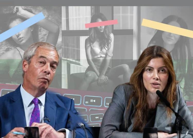 Nigel Farage and Laila Cunningham in front of images of censored women Reform